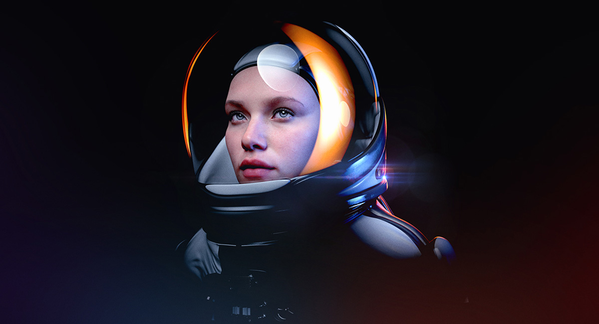 woman in astronaut helmet in outer space